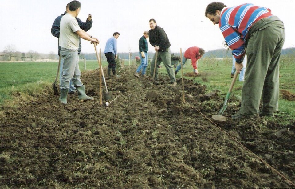 Een groep mensen is bezig plantmateriaal te planten voor heggen en houtsingels op Sprankenhof (2006)