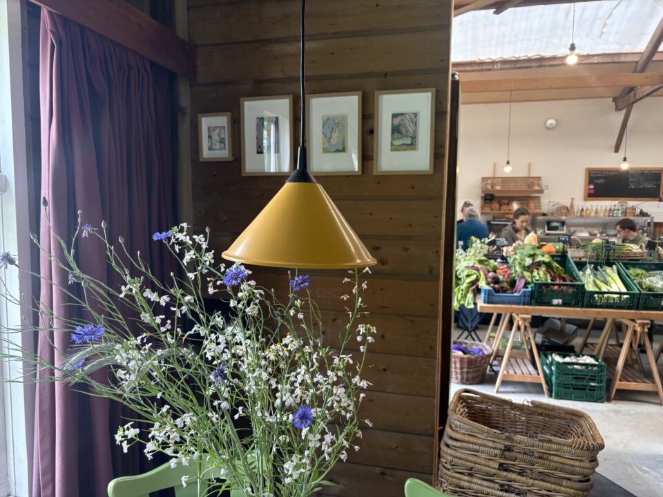 Geëxposeerd werk aan de muur in tuinkamer met bloemen ervoor en op de achtergrond de biologische winkel van Sprankenhof